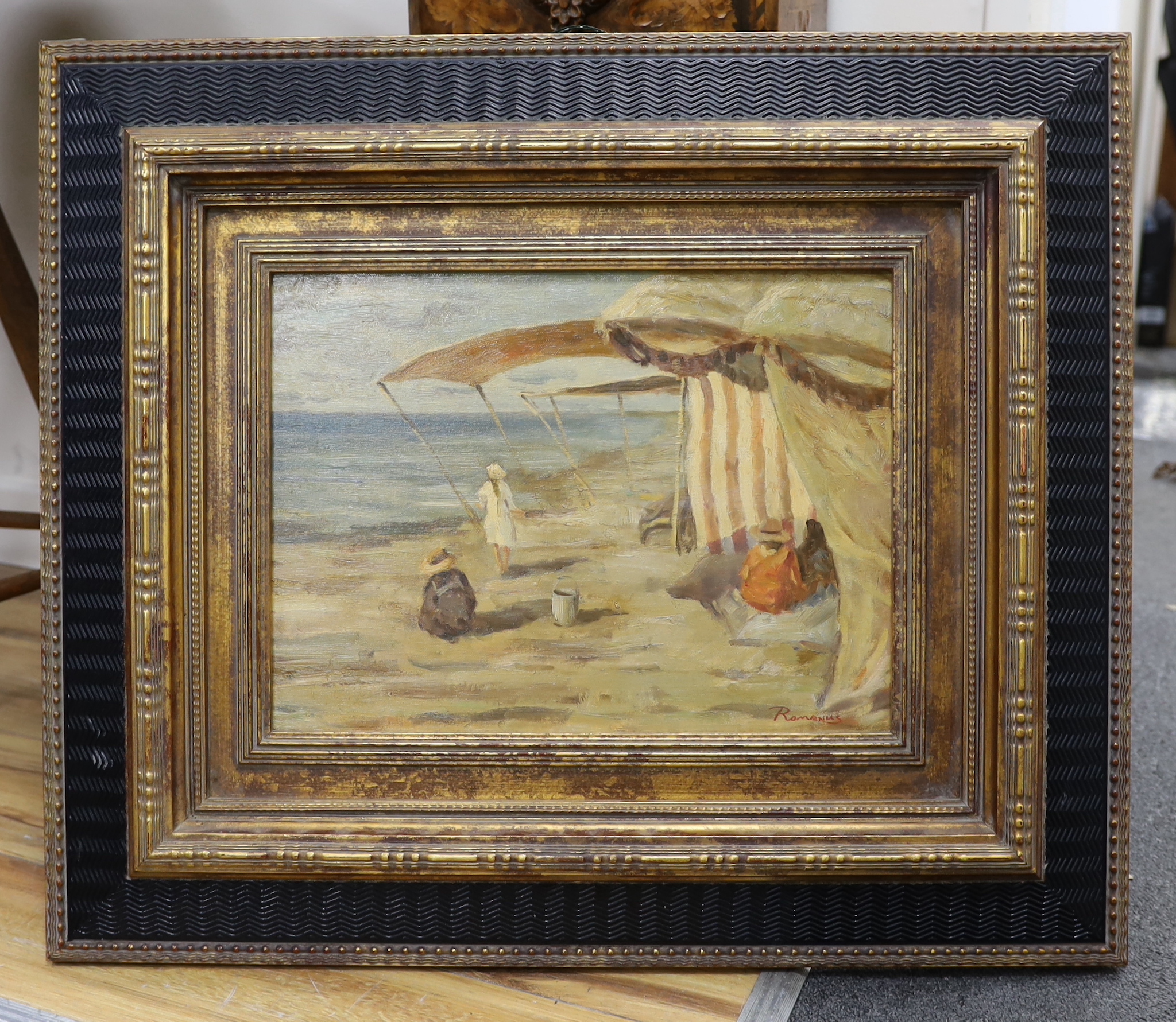 Spanish Impressionist School, oil on canvas, Beach scene with figures, indistinctly signed, 29 x 39cm